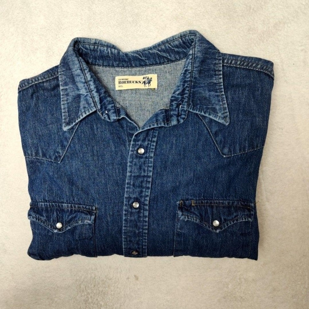 Vintage Sears Roebucks Denim Shirt Mens 2XL Blue Pearl Snap Western Jean Cowboy